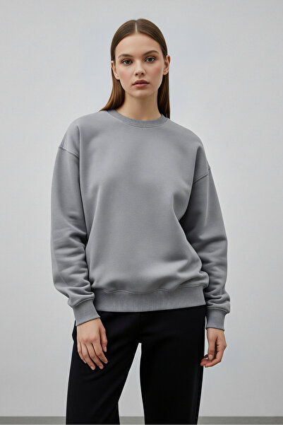 milidia Women's Oversize Crew Neck Basic Sweatshirt Gray