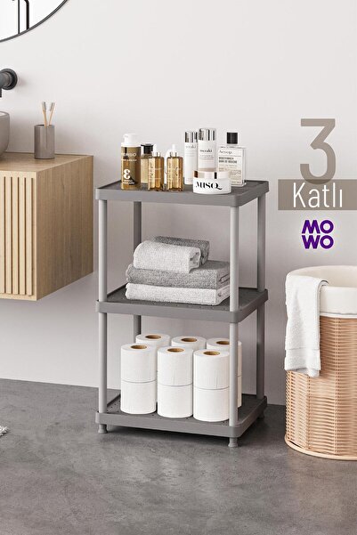 Mowo Home 3 Katlı Gri 40x33 Plastik Banyo Raf Sistemi, Mutfak Rafı, Kiler, Ki...