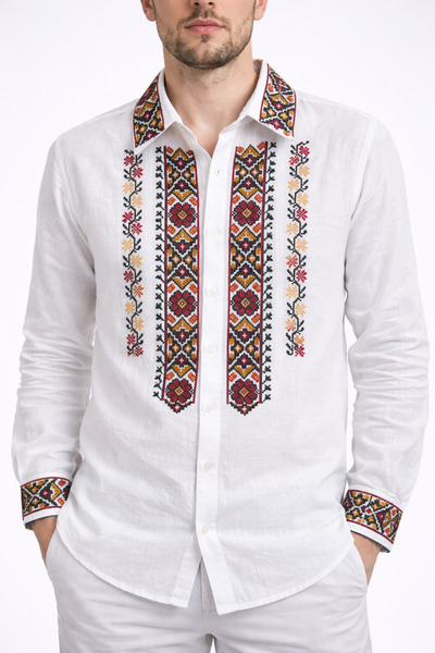 Nobrand Traditional Romanian men's white shirt with multi-colored embroidery ...