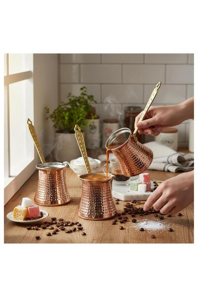 Yardımcı Bakır Since 1997 وعاء قهوة كلاسيكي سميك من النحاس، 3 قطع