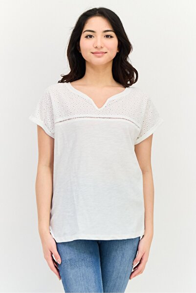 Amara Reya Women V-Neck Cap Sleeve Embroidered T-Shirt, Cream