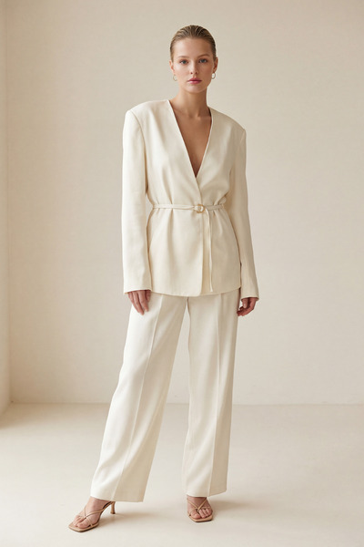 Setre Cream Waist Detailed Jacket and Trousers Set