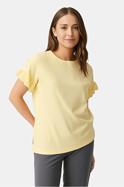 Amara Reya Women Crew Neck Bell Sleeve Plain Top, Pale Yellow