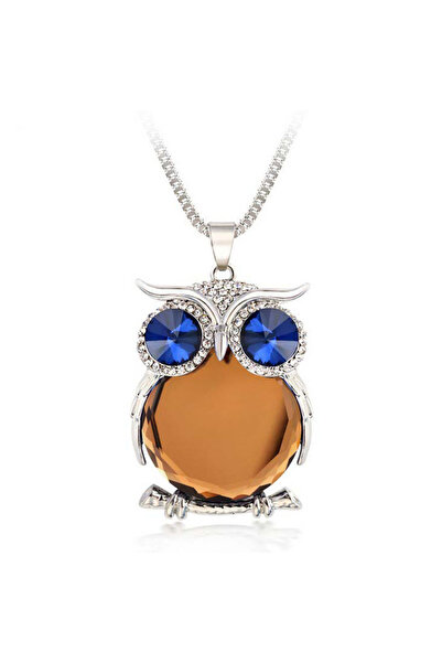 EFAYN.RO Women's necklace, owl pendant with crystals, silver with brown cryst...