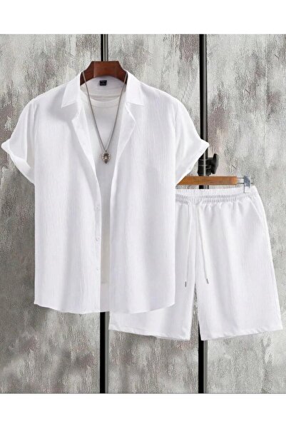 VIALON Bürümcük Crinkle Fabric Summer Men's Shirt Shorts Set