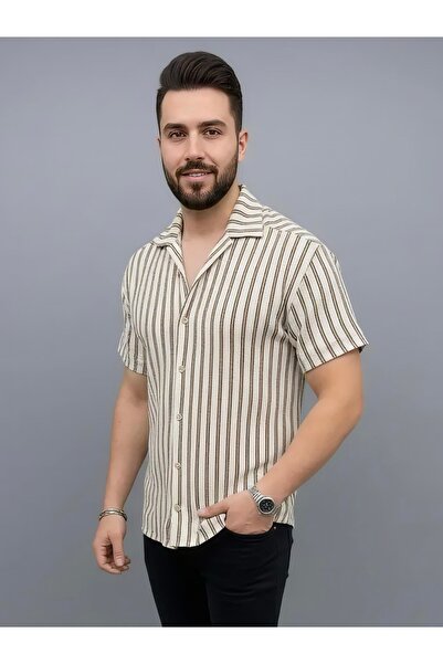 NERA GİYİM Men's Striped Short Sleeve Jacquard Shirt