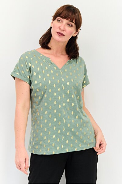 Amara Reya Women V-Neck Short Sleeve Mettalic T-Shirt, Multicolor