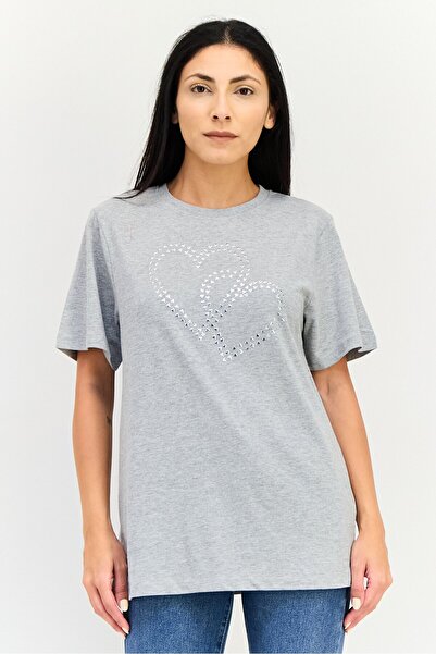 Amara Reya Women Crew Neck Short Sleeve Textured T-Shirt, Grey