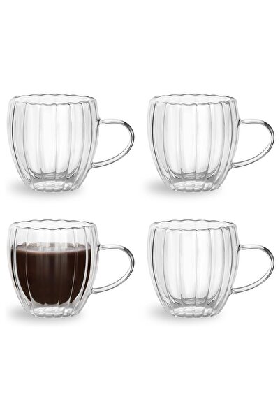 HUBBYCHEF 4'lü Bambu Tabaklı Cidarlı Espresso Kahve Bardağı