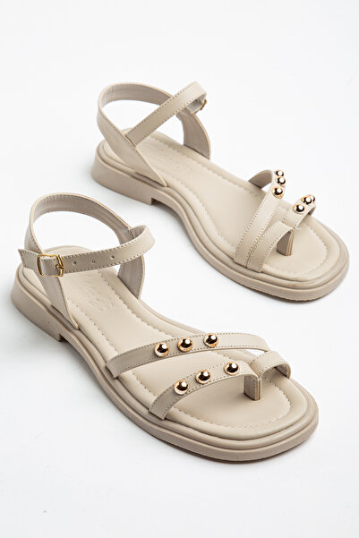 AYENDE MODA Women's Beige Color Front Buckle Flip-Flop Sandals