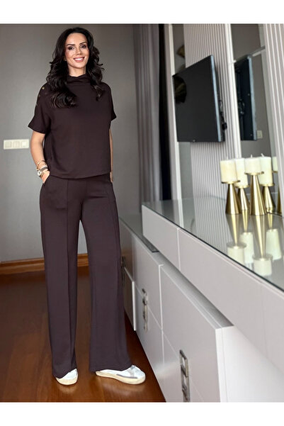 Atelier Derin Καφέ Σετ μπλούζας με κουμπωτά κουμπιά και παντελόνι με ελαστική...