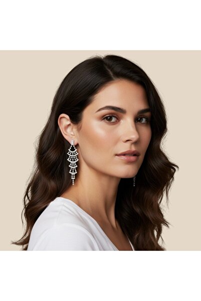 GlassySKY Reverse Pine Model Evening Dress with Stones and Stylish Earrings