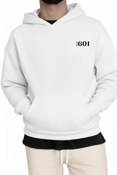 NO 601 Men's White Hooded Printed Sweat