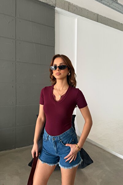 MODAMERSİ Women's Burgundy Collar Lace Detailed Short Sleeve Blouse