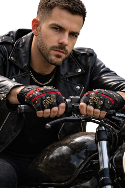 CosmoOutlet Men's Black Half-Finger Biker Gloves with Metal Accessories, Bike...