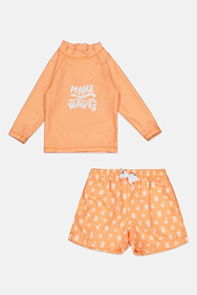 L&J Swim Club Toddlers Girl 2 Pcs Graphic Print Top And Short Swim Set, Orange