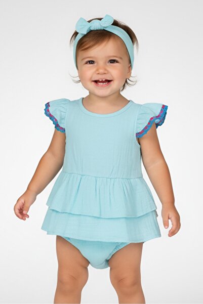 Exer Saucer Toddlers Girl 2pcs Textured Bodysuit With Headband Set, Turquoise