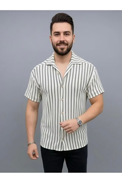 NERA GİYİM Men's Striped Short Sleeve Jacquard Shirt