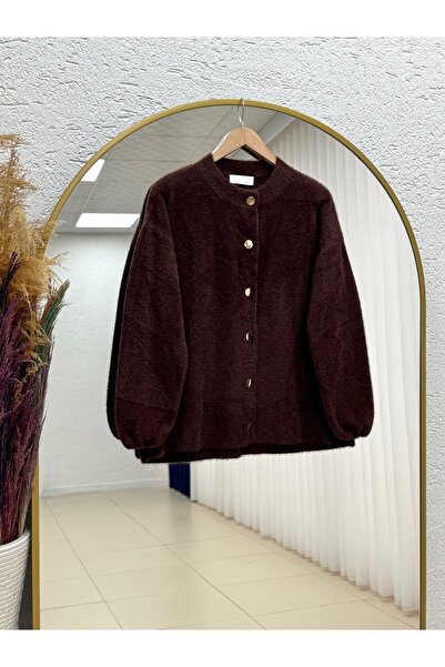 MİHRA STORE Arin Crew Neck Gold Buttoned Cardigan-Mf8596 Brown