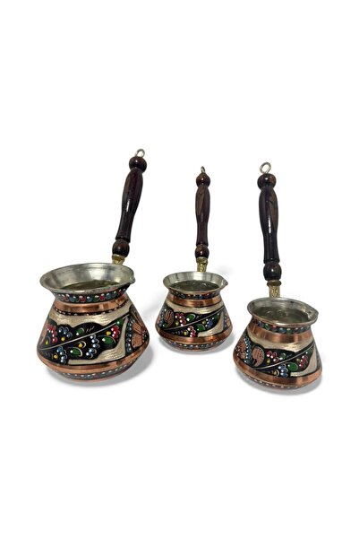 Yardımcı Bakır Since 1997 Copper 3-Piece Enamel-Engraved Corner Coffee Pot