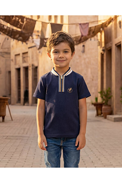 REDTAG Boys Navy Jacquard Zip Placket Polo T-Shirt