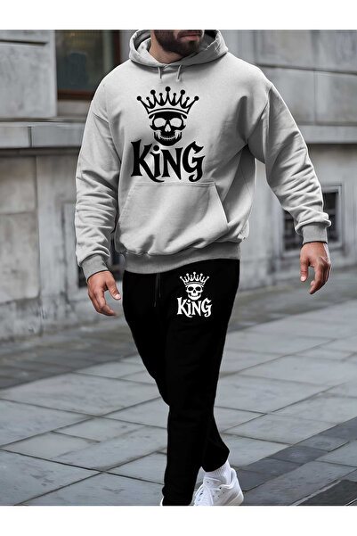 Rayan & Hoor Style King Printed Hooded Tracksuit Set - Hooded Sweatshirt Bott...