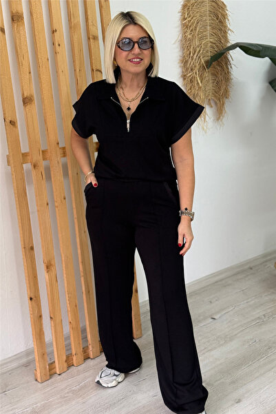 By Esra Celkan Black Collar Zippered Short Sleeve Wide Leg Stitched Combed Co...