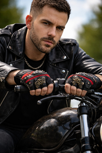 HatClub Exclusive Biker Style Black Red Half Finger Gloves with Metal Rivets,...