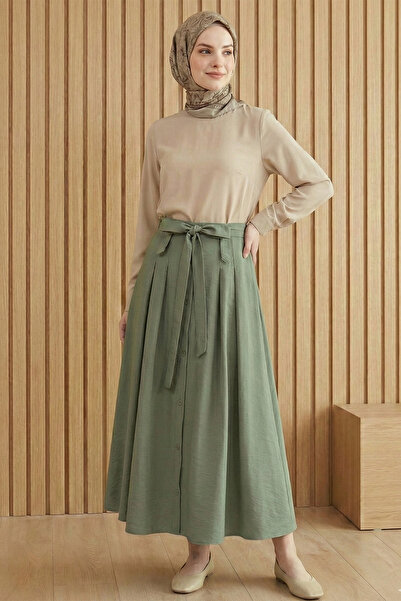 FERHEL Women's Front Buttoned Lace-Up Parachute Fabric Hijab Skirt - Khaki