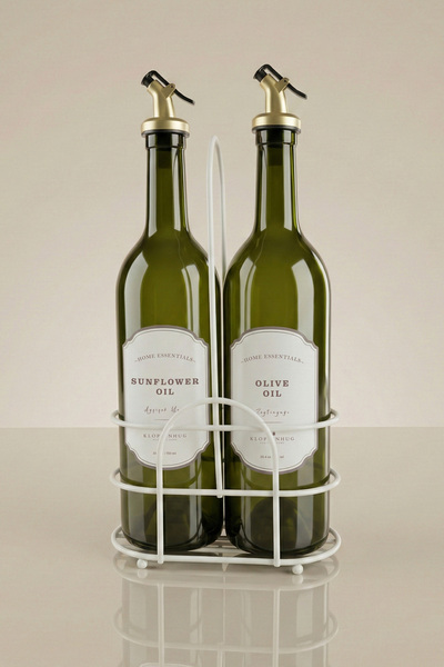 Kloppenhug Set of 2 Glass Oil Bottles with Metal Stand 750ml - Non-Drip Olive...