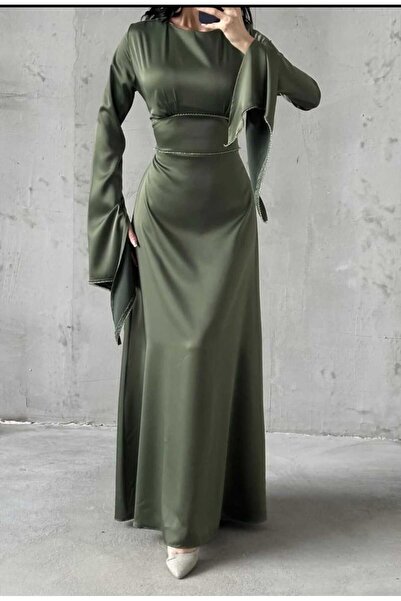 AKBAŞ ispanyol kol taş detaylı saten abiye