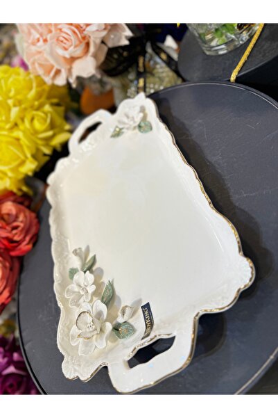 hediye Esterhomedecor Embossed Floral Porcelain Serving Tray
