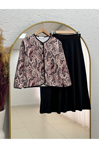 MİHRA STORE Sürhan Jacket Ethnic Patterned Skirted Skuba Set-Mf247 Plum