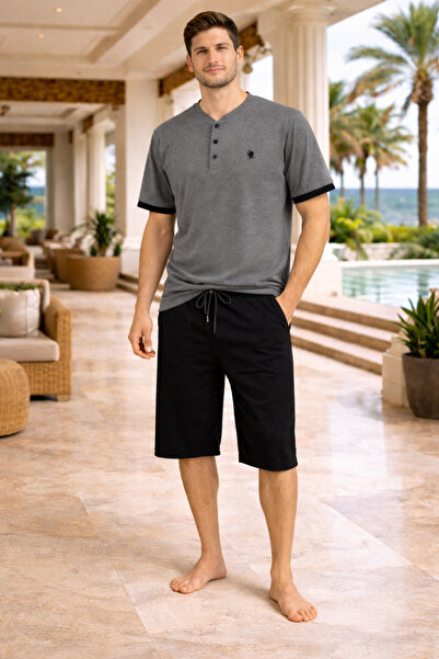 YUYİ Polo Republi̇ca 95% Cotton Buttoned Collar Short Sleeves Men's Capri Set...