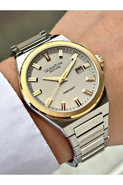 Quantum Silver-Gold Color Sapphire Glass Steel Band Steel Case Men's Wristwat...