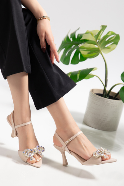 TEKİN SHOES Beige Color Stoned Bow Evening Dress Shoes