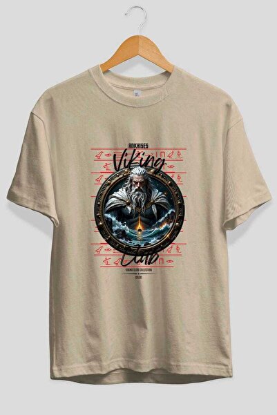 Ankhises Tricou Viking Mythology 13, imprimat în față, bej, supradimensionat,...
