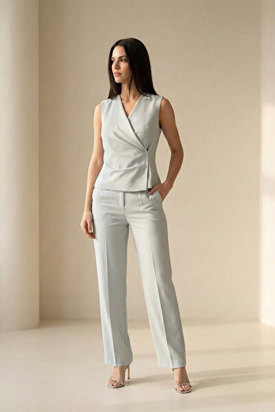 Setre Baby Blue Double-Breasted Vest with Waist Detail