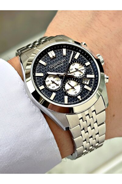 Quantum Functional Silver-Navy Blue Color Sapphire Glass Steel Band Steel Cas...