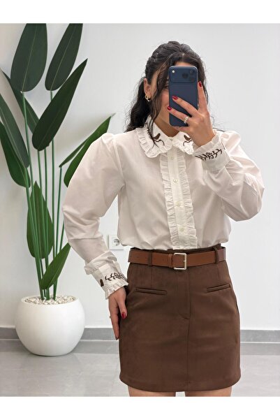 MARGA Yakası ve Bilekleri Kuş Nakış İşlemeli Fırfırlı Gömlek