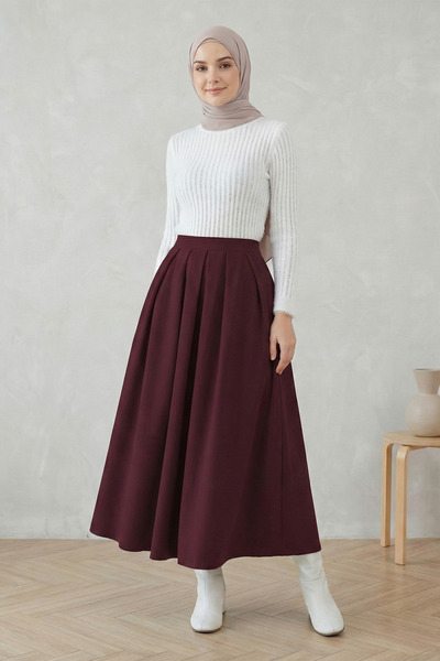 FERHEL Women's Pleated Hijab Skirt with Zipper Pockets - Burgundy