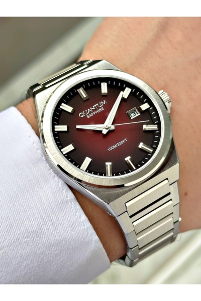 Quantum ساعة يد رجالية مع تقويم، لون فضي-عنابي، زجاج ياقوتي، سوار فولاذي، هيك...