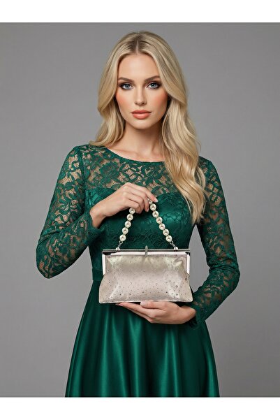 Biçanta Skin Color Satin Soft Leather Metal Stone Pearl Detailed Chain Strap ...