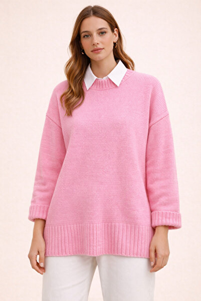 FERHEL Crew Neck Shirt Detailed Knitwear Sweater Oversize Comfortable Fit Dai...