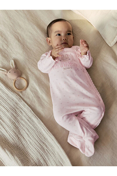 Next Baby 100% Organic Cotton Pink Mini Rabbit Patterned Single Love Jumpsuit...