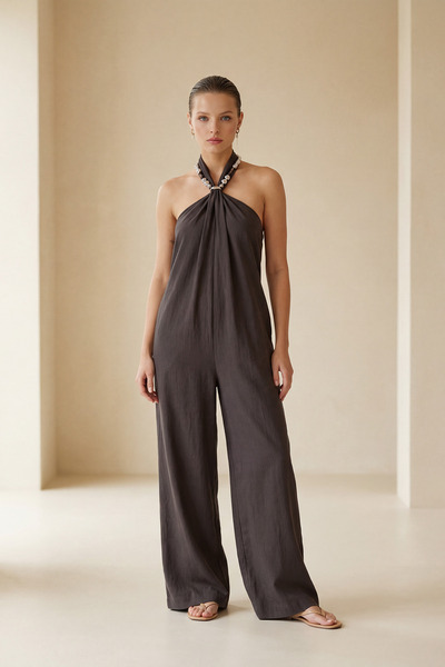 Setre Bitter-Brown Comfortable Cut Pocketed Jumpsuit with Accessory Detail at...