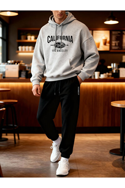 EFFRENATU Livo Gray Oversize Hooded Sweatshirt & Black Jogger Sweatpants Set ...