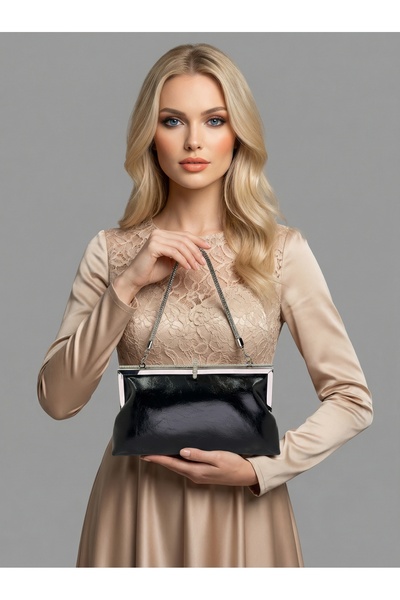 Wedding Fashion Black Color Patent Leather Soft Leather Metal Stone Pearl Det...