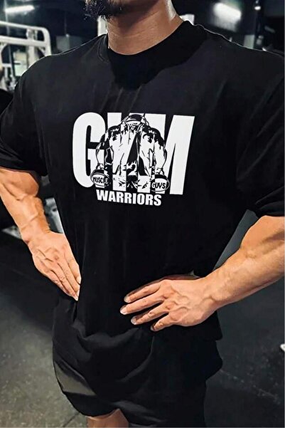 CAST COLLECTİON Men's Black Gym Warriors Printed Oversize T-Shirt
