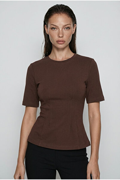 Madmext Brown Women's Crew Neck Basic T-Shirt Mg2670